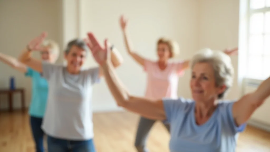Grupo de personas mayores realizando una actividad física suave en grupo