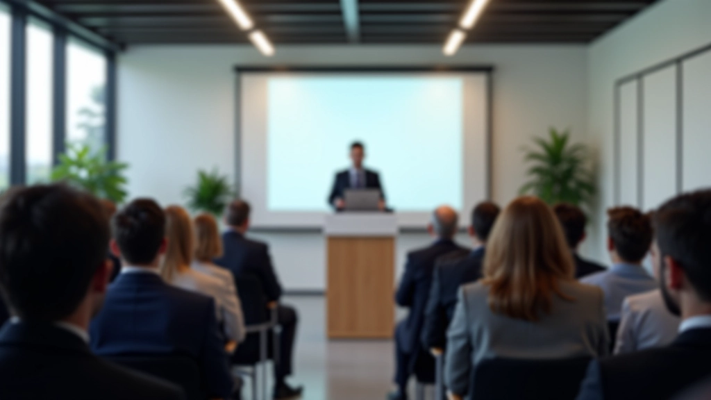 Profissional apresentando em conferência internacional com público atento