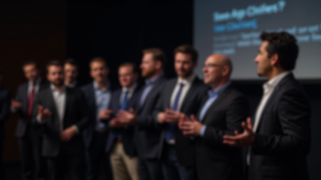 Múltiplos apresentadores em palco com diferentes linguagens corporais e expressões faciais