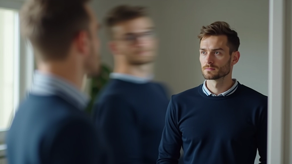 Homem a praticar dicção em frente ao espelho, mãos fazendo gestos de apresentação