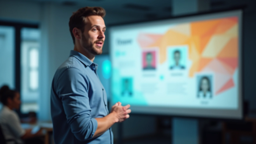 Homem em camiseta apresentando com slides coloridos projetadas atrás
