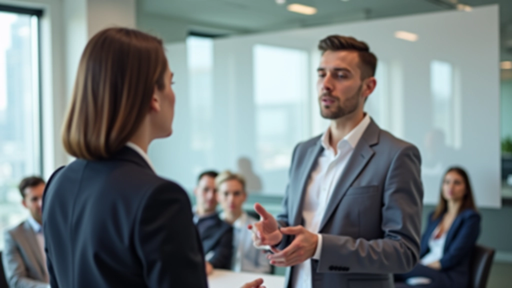 Colega a fazer feedback construtivo durante ensaio de apresentação em sala de conferências