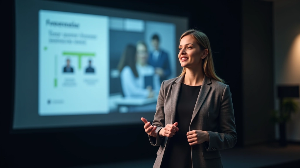 Mulher apresentando em conferência com slides no fundo