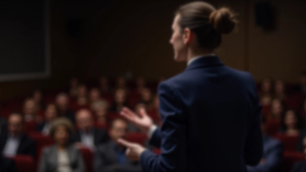 Mulher profissional em blazer azul apresentando diante de público em auditório moderno