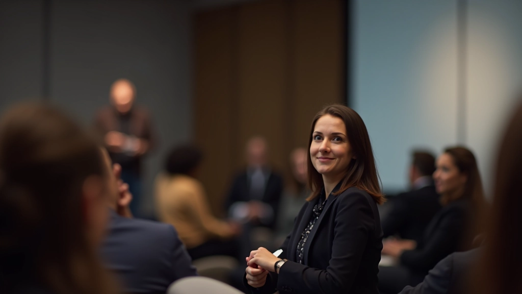 Mulher a fazer contacto visual com público durante apresentação em conferência