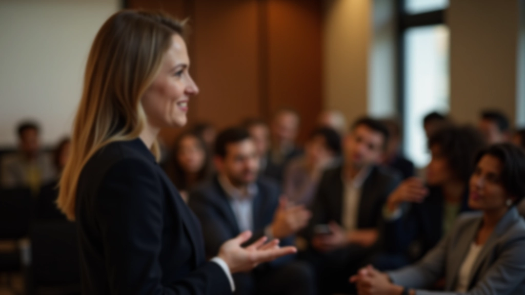 Mulher a fazer apresentação perante público atento em sala de conferências