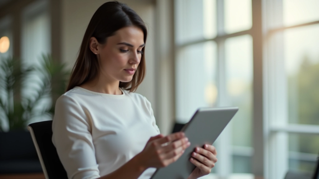Mulher profissional lendo guia em tablet, escritório moderno, luz natural